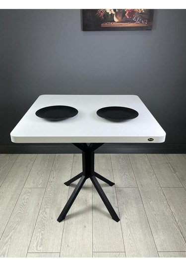 Roma Beyaz Mutfak Yemek Masası Balkon Masası Kavisli Köşe Metal Siyah Ayak 80 Cm