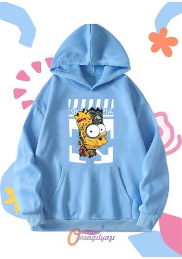 Çocuk Unisex Simpson Baskılı Oversize Kapüşönlü Sweatshirt Mavi