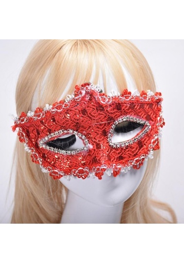 Kırmızı Renk Gözler Kristal Taşlı Dantelli Parti Maskesi 11x17 Cm