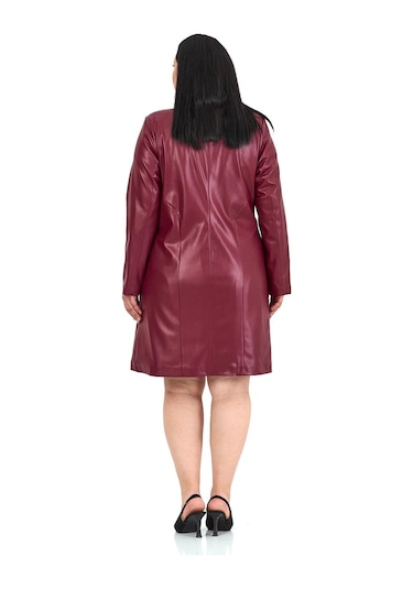 Büyük Beden Cepli Düğme Kapamalı Astarlı Suni Deri Bordo Kaban Bordo