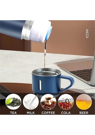 Kişiselleştirilebilir 3 Bardaklı Çelik Termos 05 Lt Mavi Mavi