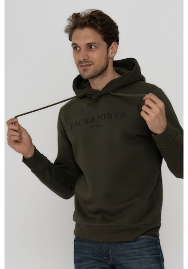 Jack & Jones Erkek Logo Baskili Kapüsonlu Sweatshirt - Luke 12214639 Forest Night Bej