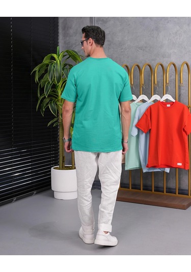 Modefendi Pamuk Likra Yırtmaç Detaylı 2 İplik Oversize Tshirt Yeşil