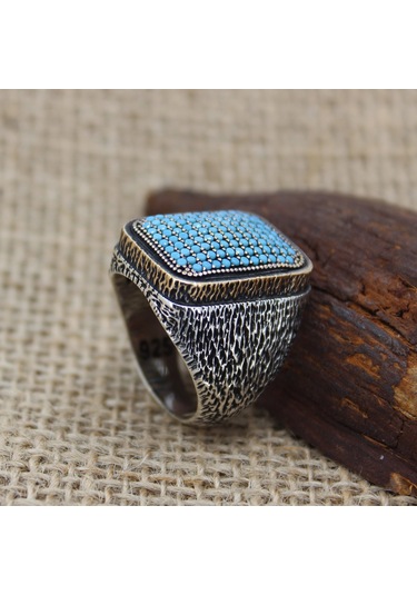 Mikro Firuze Taşlı 925 Ayar Gümüş Erkek Yüzüğü Gümüş