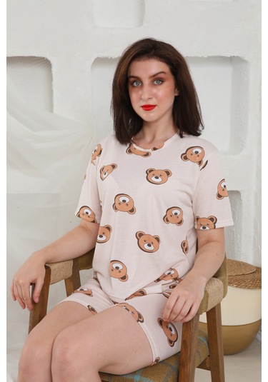 Fames Pijama Yazlık Desenli Loose Crop Şortlu Pijama Takım Krem