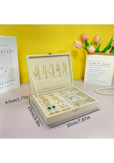 Elmpaly Beige Vintage Kumaş Mücevher Kutusu Yumuşak Kadife Astarlı Kilitlenebilir