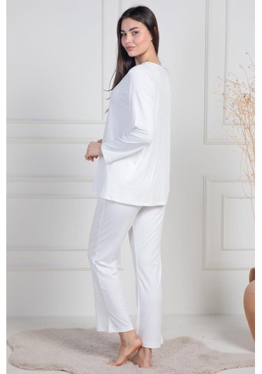 Mecit 6105 Bayan Ekru Büyük Beden Boydan Düğmeli Pijama Takımı Ekru
