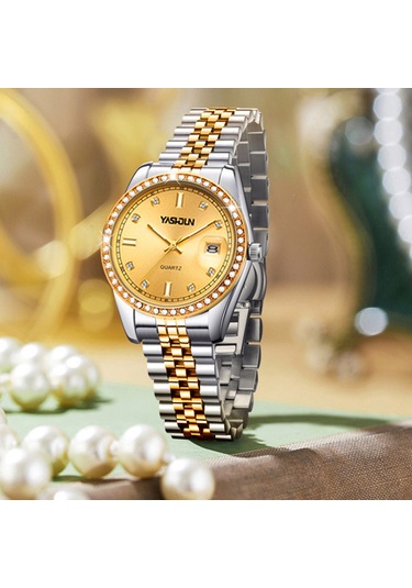 Yashıdun 5068 Şık Kadın Kuvars İzle Çelik Kayış Taklidi Dekor Aydınlık Saat - Altın Kadran