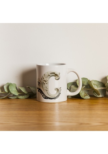 C Harfi Bardak, Monogram 330 Ml Barok Oymalı Görünüm Beyaz