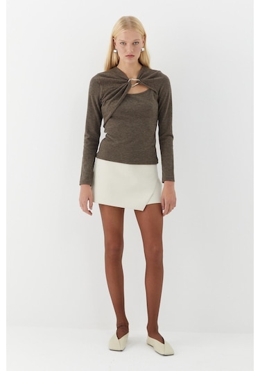 Yakası Halka Detaylı Bluz Kahverengi Kahverengi