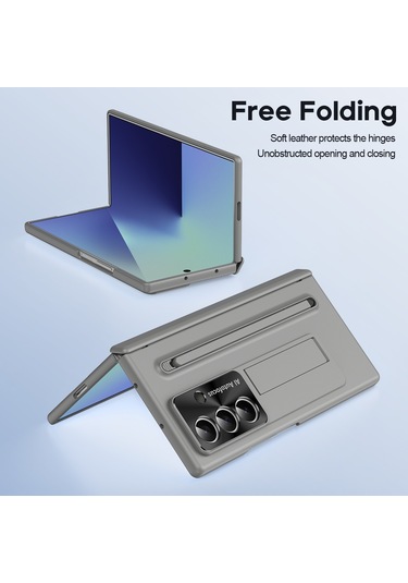 Samsung Galaxy Uyumlu Z Fold7 5g Kılıf Pc Cep Telefonu Kılıfı, Ayaklı Ve Kalemli - Gri Gri