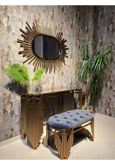 Ekgconcept Piyano Model Lüx Dresuar Gold Elips Ayna Ve Puf Gold