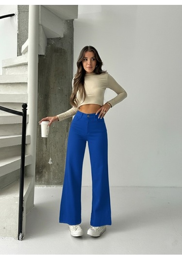 Kadın Yüksek Bel Keten Boyfriend Bol Paça Mavi