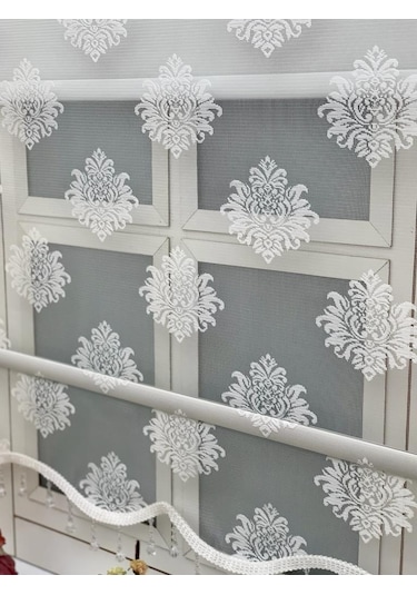 Ekru Renk Damaks Ve Osmanlı Desenli Çiftli Tül Stor Perde