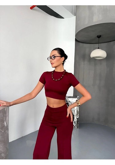 Osy Modal Yumuşak Dokulu Kumaş Kısa Kollu Crop Alt İspanyol Paça Pantalon İkili Takım - Bordo Çok Renkli