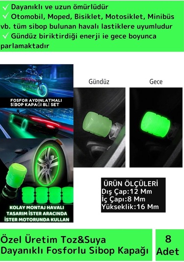 Özel Tüm Otomobil Bisiklet Motosiklet, Minibüslerle Uyumlu 8 Adet Fosforlu Yeşil Sibop Kapağı