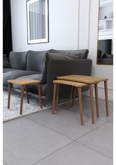 Zigon Sehpa & Yan Sehpa 3'lü Ahşap Ayaklı Salon Seti Sehpa - Çam