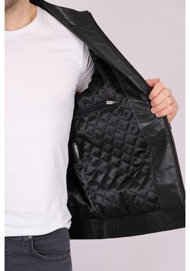 Erkek Siyah Hakiki Deri Hakim Yaka Punto Dikişli Spor Mont