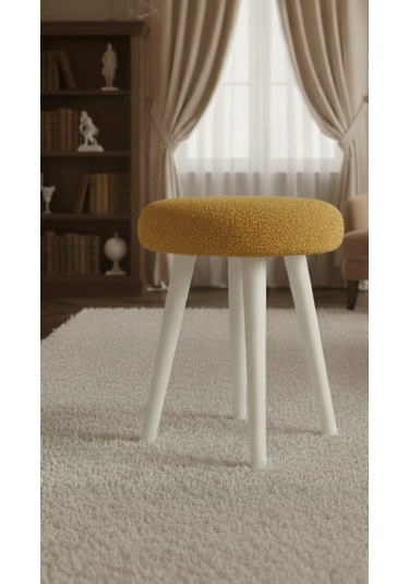 Gürgen Ahşap Retro Ayak Dekoratif Beyaz Pelüş Puf Tabure Hardal