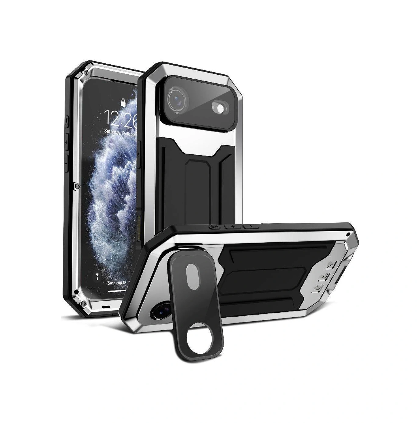 İphone İçin Metal Standlı Telefon Kılıfı Air Cam Ekran Koruyucu Ağır Hizmet Şok Geçirmez Dahili Kamera Kickstand