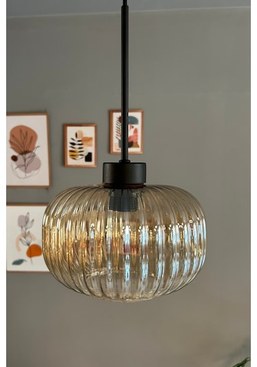 Mola Cam Bal Rengi Tekli Avize Ince Siyah Başlık Retro Sarkıt Lamba Restoran Salon Aydınlatma Bal