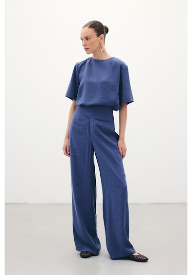 Sateen Kemer Detaylı Modal Pantolon - İndigo-136376 Indigo