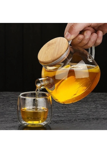 Toptanfoni 1000 Ml Bambu Kapaklı Isıya Dayanıklı Cam Bitki Çayı Demliği Cam Sürahi Şeffaf