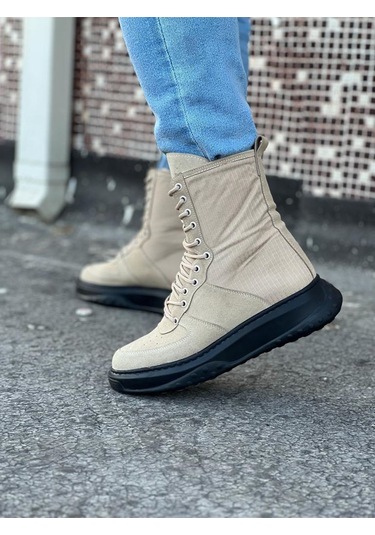 Wagoon Wg012 Bej Kömür Süet Uzun Bağcıklı Bot Krem