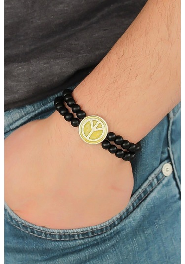 Sarı Metal Barış Simgesi Tasarımlı Siyah Renk Mat Oniks Doğal Taş Erkek Bileklik Çok Renkli