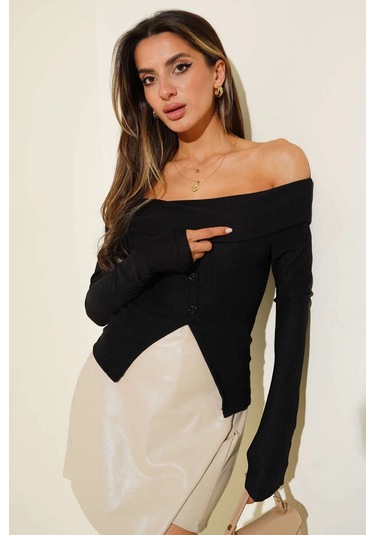 Madonna Yaka Düğmeli Bluz Siyah T4329 Siyah