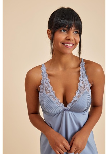 Paris Gri Mavi Dantelli Kumaş Gecelik Mavi