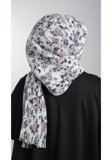 Krem-Siyah Pratik Hazır Geçmeli Tesettür Eşarp Kesik Elyaf Pilise Çok Renkli