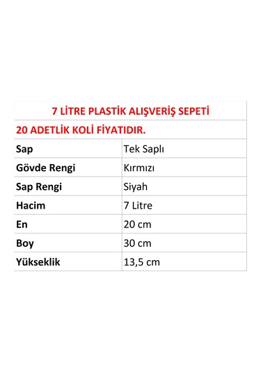 7 Litre Plastik Kozmetik Alışveriş El Sepeti Kırmızı 20 Adet / En:20 Boy:30 Yükseklik:13,5 Cm Kırmızı