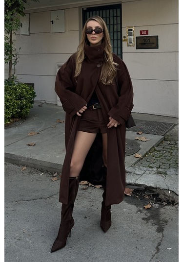 Kahverengi Vittoria Düğmeli Yaka Kaban - 2511 Kahverengi