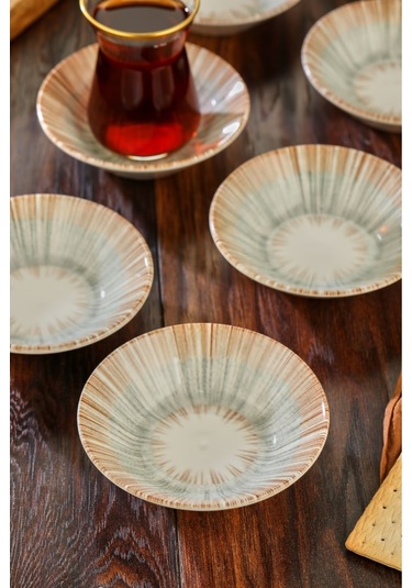 Cooker 6'lı Desenli Porselen Çay Tabağı Bej