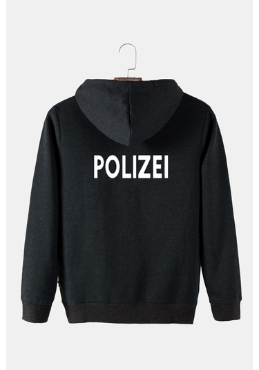 Unisex Antrasit Kapüşonlu Arkası Polizei Baskılı Slim Fit Kanguru Cepli Sweatshirt Antrasit