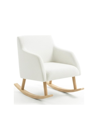 Loop Sallanan Sandalye Ve Puf Seti Ekru Teddy Kumaş Ahşap Ayaklı Berjer - Sallanan Koltuk Puf Beyaz