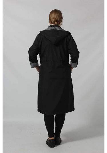 Uzun Astar Detaylı Bondit Trençkot Siyah Siyah
