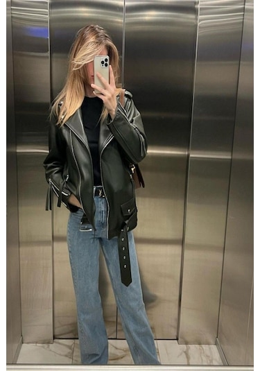 Prifaldi Oversize Uzun Kadın Deri Ceket Siyah