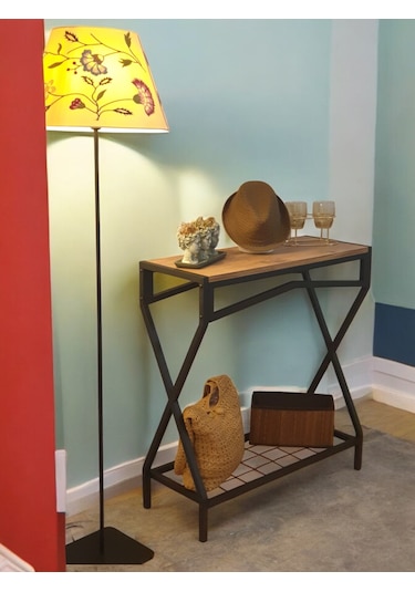 Metal Dresuar Ahşap Raflı Stand Çok Amaçlı Salon Ve Hol Rafı Siyah