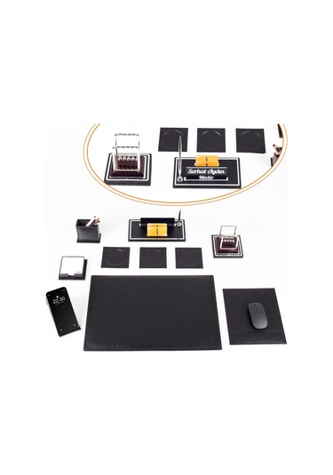 Opta 10 Parça Denge Topu Biblolu Siyah Deri Sümen Seti Takımı Gümüş Ofis Masa İsimliği Lüks İsimlik