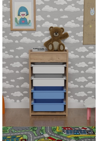 4 Sepetli Çok Amaçlı Oyuncak Dolabı Atlantik Çam Beyaz - Mavi Kahverengi