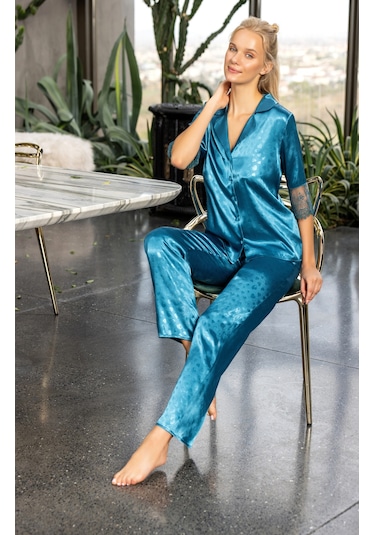 Laperissa Kadın Mavi Desenli Saten Düğmeli Pijama Takımı Dantel Kol Detaylı Şık Ve Rahat 2 Li Set Mavi