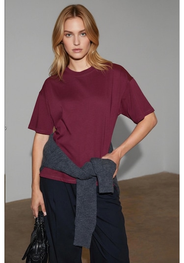 Soft&Basic Kadın %100 Organik Pamuk Oversize Fit Basic Yuvarlak Yaka T-shirt Bordo
