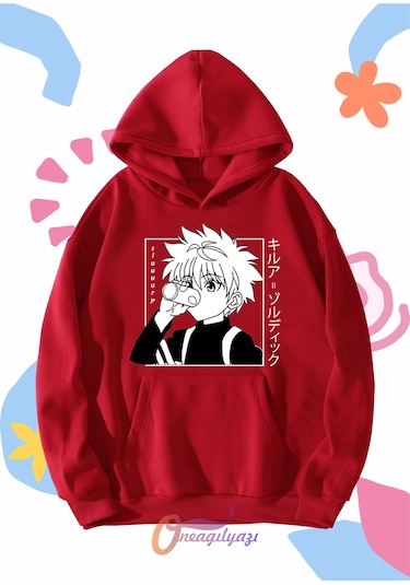 Çocuk Unisex Hunter Killua Anime Baskılı Oversize Kapüşönlü Sweatshirt Kırmızı