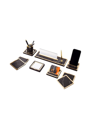 Mermer Desenli 9 Parça Ahşap Masa İsimliği Ofis Hediyesi İsimlik