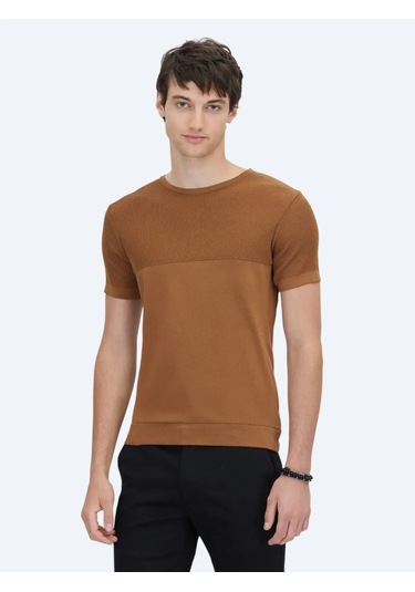 Kahverengi Bisiklet Yaka Desenli Triko Kahverengi