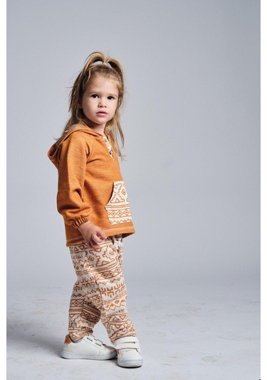 Etnik Desen Kanguru Cepli 2 Li Takım Oranj