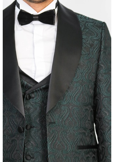 Dalgalı Desenli S Al Yaka Yelekli Yeşil Smokin - Wessi Yeşil