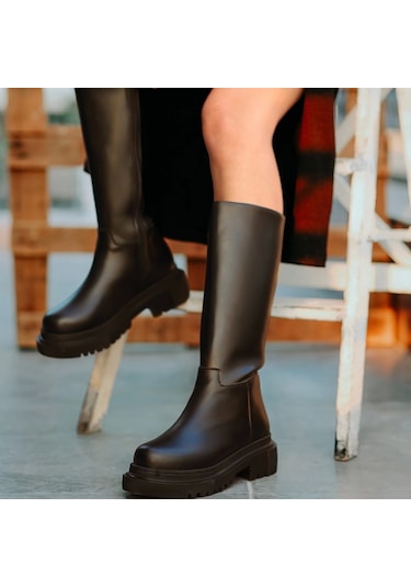 Idax Siyah Cilt Topuklu Kadın Çizme Siyah